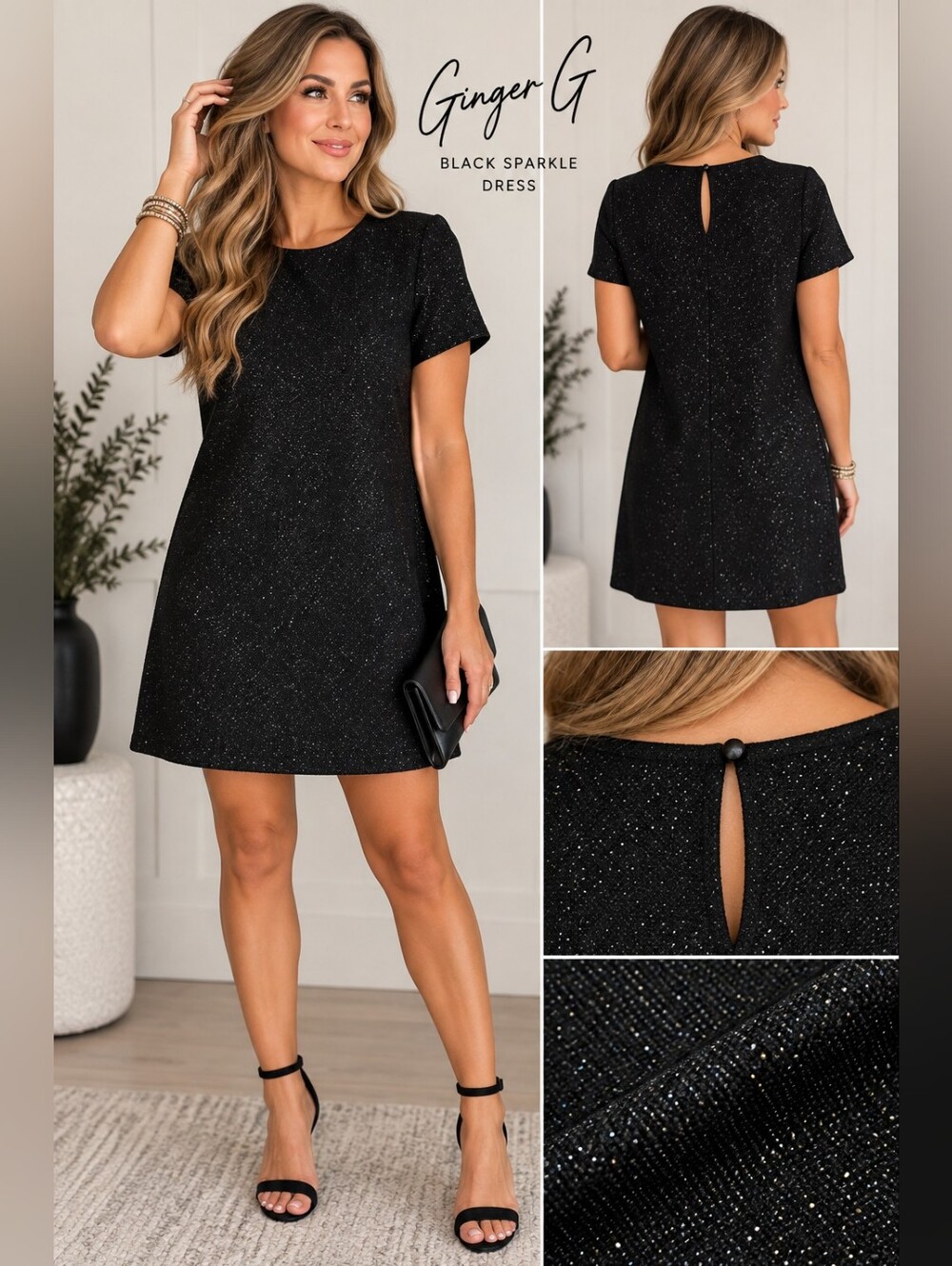 Ginger G Black Glitter Sparkle Short Sleeve Shift Dress Keyhole Back Party Cockt